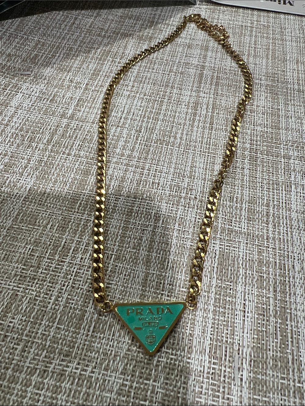 Prada Gold Chain Necklace with Turquoise Triangle Logo Pendant